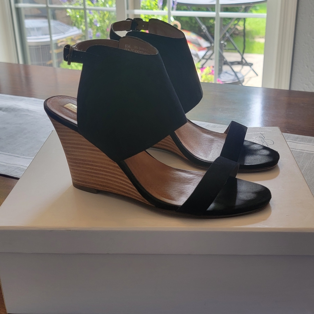 Halogen Haclarette-Lea Black and Tan Open Toe Wedge Sandals - Picture 2 of 11